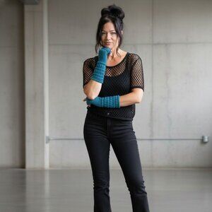 Peacock Blue Hand Knit Fingerless Gloves Mittens Armwarmer Made in Canada